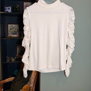 Anthropologie Cream Ruffle Lace-Sleeve Turtleneck Top